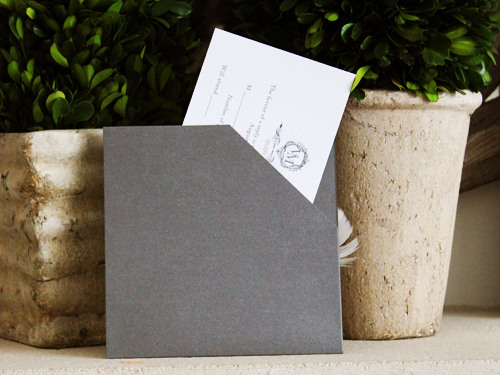 Invitation 749: Charcoal Pearl, White Smooth, Charcoal Ribbon, White Ribbon, Brooch/Buckle P, Feather Color White
