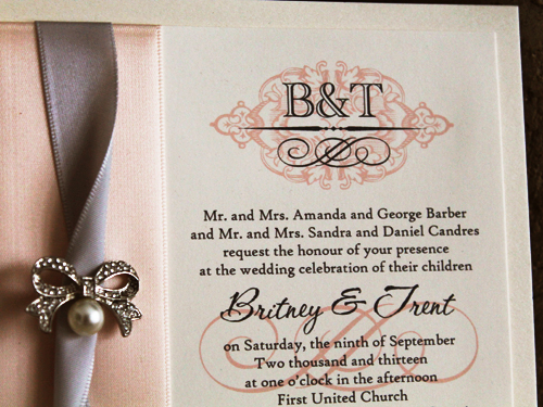 Invitation 754: Ivory Pearl, Cream Smooth, Blush Ribbon, Silver Ribbon, Brooch/Buckle A12 - Multi layered card with a 2 ribbon stripes with a brooch