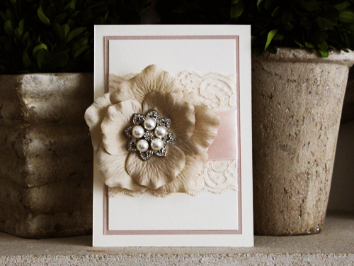 Invitation 756: White Gold, Blush Pearl, Cream Smooth, Blush Ribbon, Brooch/Buckle T, Flower Color Champagne