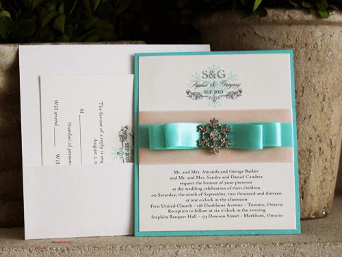 Invitation 765: Antique Pearl, Tiffany Pearl, Cream Smooth, Blush Ribbon, Aqua Ribbon, Aqua Ribbon, Aqua Ribbon, Brooch/Buckle A18