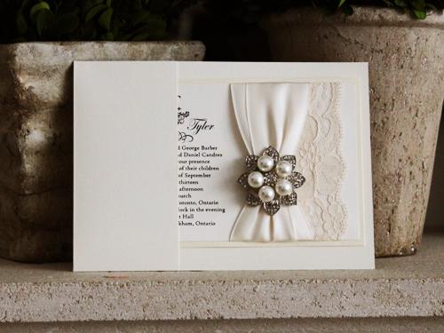 Invitation 768: White Gold, Buttermilk Pearl, Cream Smooth, Antique Ribbon, Antique Ribbon, Cream Lace, Brooch/Buckle T