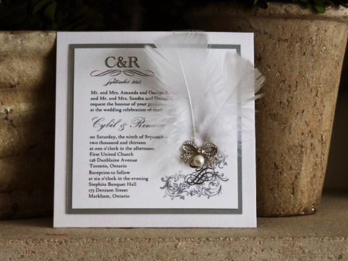 Invitation 773: Ice Pearl, Chalice Silver Pearl, White Smooth, Brooch/Buckle A12, Feather Color White