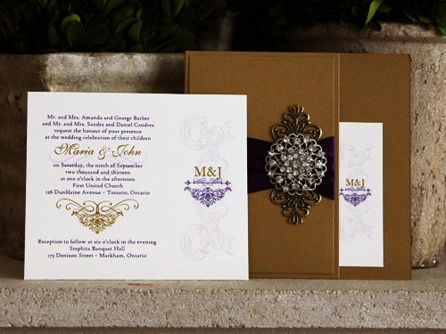 Invitation 778: Gold Pearl, Cream Smooth, Purple Ribbon, Brooch/Buckle X, Metal Filigree F4 - Bronze - Gold Pearl pocket style invite with a ribbon and brooch embellishment