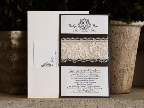 Invitation 781: Ivory Pearl, Charcoal Pearl, Cream Smooth, Charcoal Ribbon, Antique Ribbon, Cream Lace