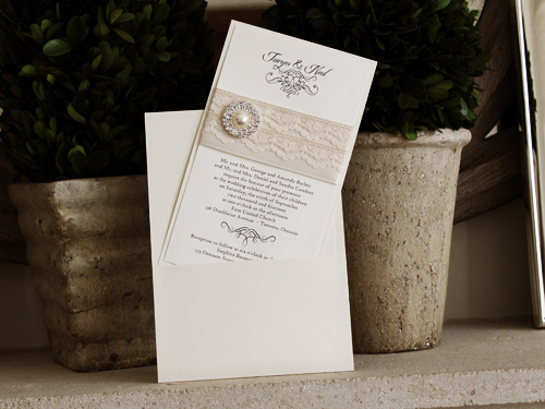 Invitation 1001: White Gold, Ivory Pearl, Cream Smooth, Antique Ribbon, Cream - Thin Lace, Brooch/Buckle G