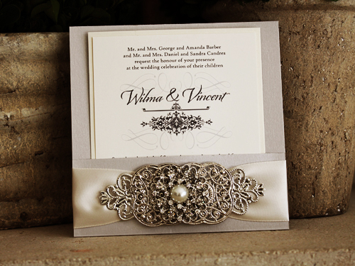 Invitation 1003: Silver Ore, White Gold, Cream Smooth, Antique Ribbon, Brooch/Buckle A6, Metal Filigree F4 - Silver