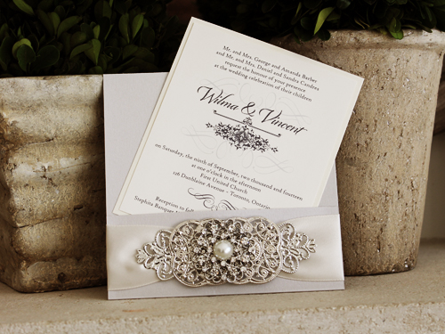 Invitation 1003: Silver Ore, White Gold, Cream Smooth, Antique Ribbon, Brooch/Buckle A6, Metal Filigree F4 - Silver