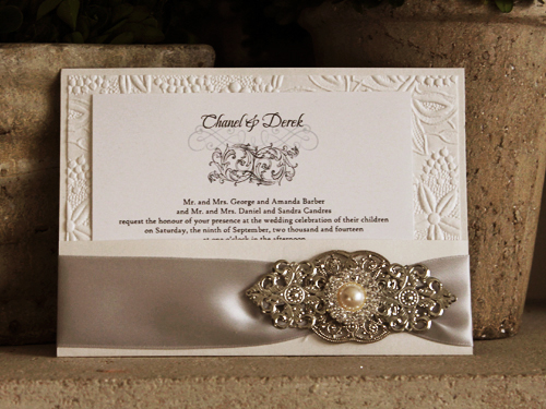 Invitation 1004: Antique Pearl, White Smooth, Silver Ribbon, Brooch/Buckle G, Metal Filigree F1 - Silver