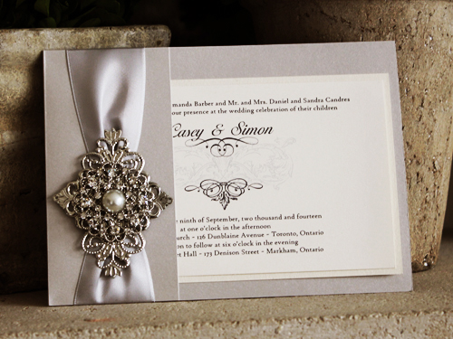 Invitation 1005: Silver Ore, White Gold, Cream Smooth, Silver Ribbon, Brooch/Buckle A6, Metal Filigree F1 - Silver