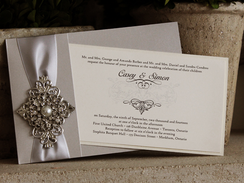 Invitation 1005: Silver Ore, White Gold, Cream Smooth, Silver Ribbon, Brooch/Buckle A6, Metal Filigree F1 - Silver