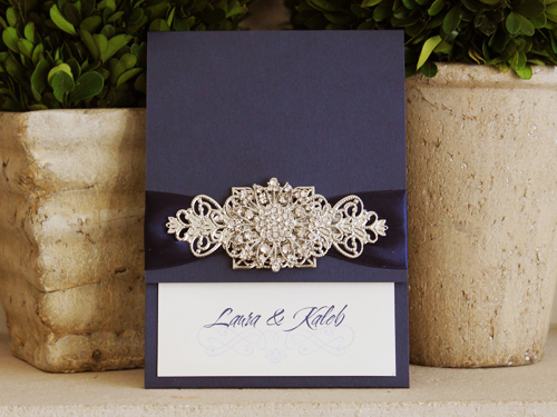 Invitation 1006: Navy Pearl, Cream Smooth, Navy Ribbon, Brooch/Buckle A11, Metal Filigree F5 - Silver