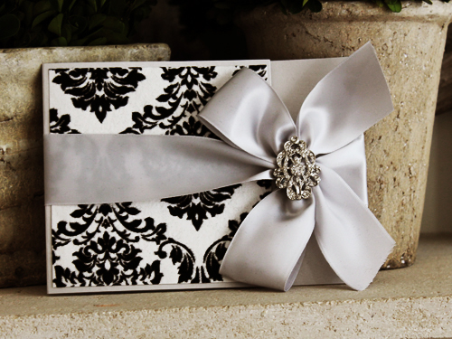 Invitation 1007: Silver Ore, Cream Smooth, Silver Ribbon, Brooch/Buckle A17