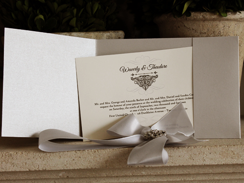 Invitation 1007: Silver Ore, Cream Smooth, Silver Ribbon, Brooch/Buckle A17