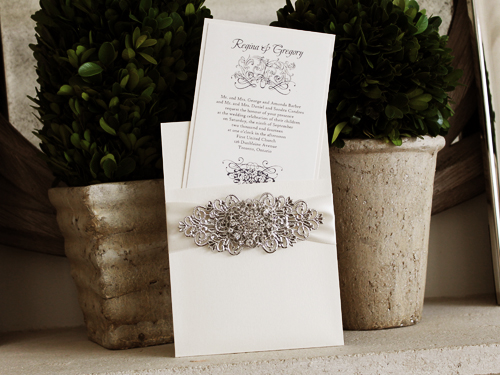 Invitation 1009: White Gold, Ivory Pearl, Cream Smooth, Antique Ribbon, Brooch/Buckle X, Metal Filigree F4 - Silver