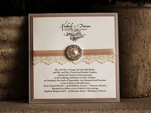 Invitation 1012: Silver Ore, Blush Pearl, Cream Smooth, Blush Ribbon, Cream - Thin Lace, Brooch/Buckle G