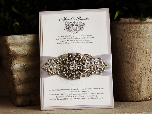 Invitation 1013: Silver Ore, Stone, Cream Smooth, Silver Ribbon, Brooch/Buckle A20, Metal Filigree F3 - Silver