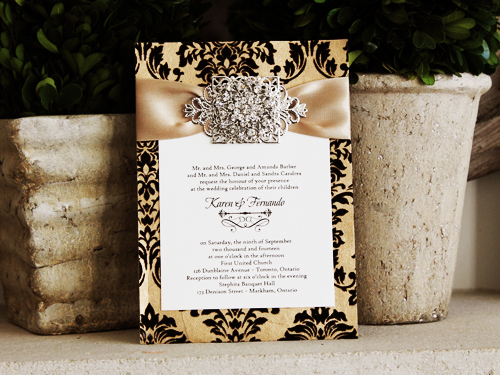 Invitation 1014: Gold Dust, Cream Smooth, Gold Ribbon, Brooch/Buckle X, Metal Filigree F4 - Silver