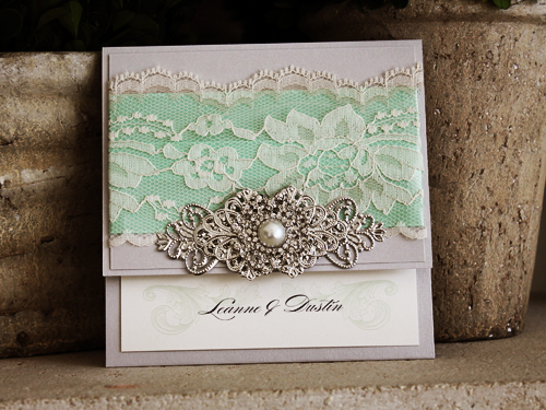 Invitation 1016: Silver Ore, Silver Ore, Cream Smooth, Mint Ribbon, Mint Ribbon, Cream Lace, Brooch/Buckle Q, Metal Filigree F4 - Silver