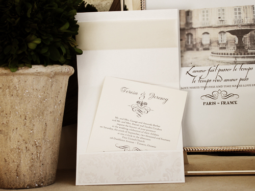 Invitation 1018: Antique Pearl, Cream Smooth, Antique Ribbon, Brooch/Buckle T, Metal Filigree F4 - Silver