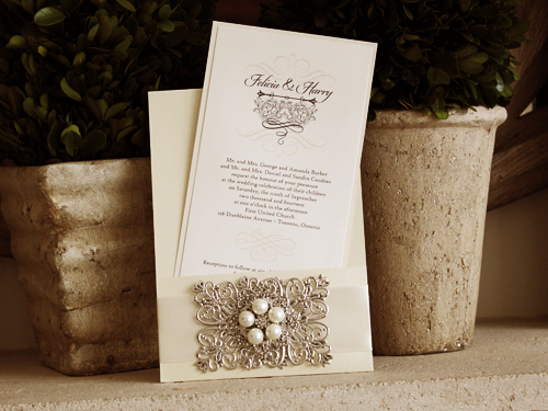 Invitation 1020: Buttermilk Pearl, White Gold, Cream Smooth, Antique Ribbon, Brooch/Buckle T, Metal Filigree F4 - Silver