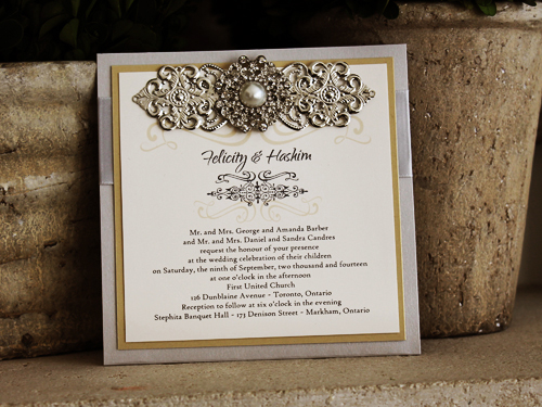 Invitation 1021: Silver Ore, Gold Dust, Cream Smooth, Silver Ribbon, Brooch/Buckle Q, Metal Filigree F4 - Silver