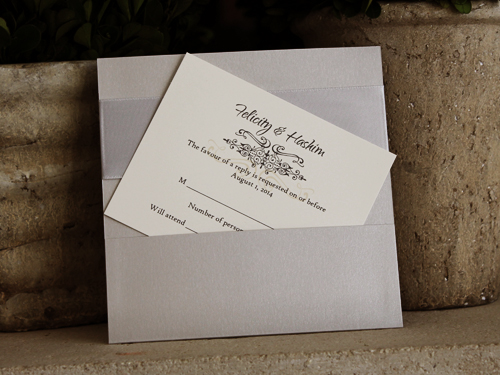 Invitation 1021: Silver Ore, Gold Dust, Cream Smooth, Silver Ribbon, Brooch/Buckle Q, Metal Filigree F4 - Silver