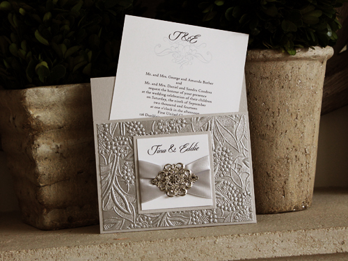 Invitation 1022: Silver Ore, Silver Ore, White Smooth, Silver Ribbon, Brooch/Buckle A22, Metal Filigree F1 - Silver