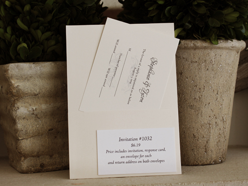 Invitation 1032: Ivory Pearl, Silver Ore, Cream Smooth, Antique Ribbon, Brooch/Buckle A2, Metal Filigree F2 - Silver