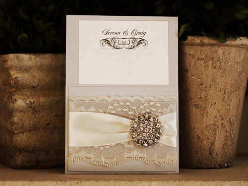 Invitation 1033: Silver Ore, Silver Ore, Cream Smooth, Silver Ribbon, Silver Ribbon, Antique Ribbon, Cream Lace, Brooch/Buckle X