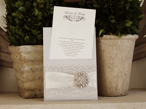 Invitation 1033: Silver Ore, Silver Ore, Cream Smooth, Silver Ribbon, Silver Ribbon, Antique Ribbon, Cream Lace, Brooch/Buckle X