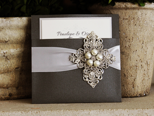 Invitation 1034: Charcoal Pearl, Silver Ore, Cream Smooth, Silver Ribbon, Brooch/Buckle T, Metal Filigree F1 - Silver