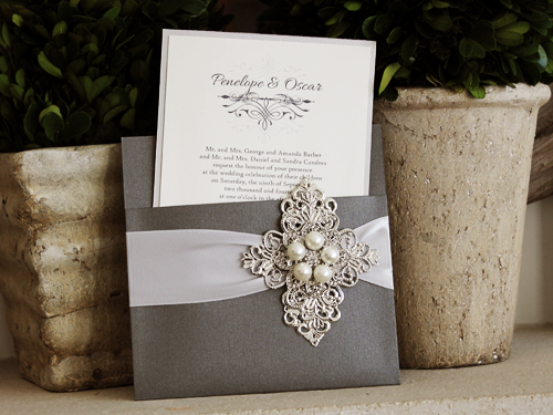 Invitation 1034: Charcoal Pearl, Silver Ore, Cream Smooth, Silver Ribbon, Brooch/Buckle T, Metal Filigree F1 - Silver