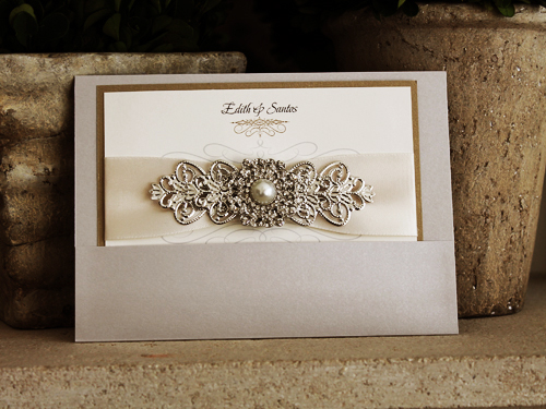 Invitation 1035: Silver Ore, Gold Pearl, Cream Smooth, Antique Ribbon, Brooch/Buckle Q, Metal Filigree F4 - Silver