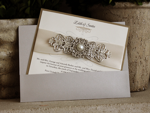 Invitation 1035: Silver Ore, Gold Pearl, Cream Smooth, Antique Ribbon, Brooch/Buckle Q, Metal Filigree F4 - Silver
