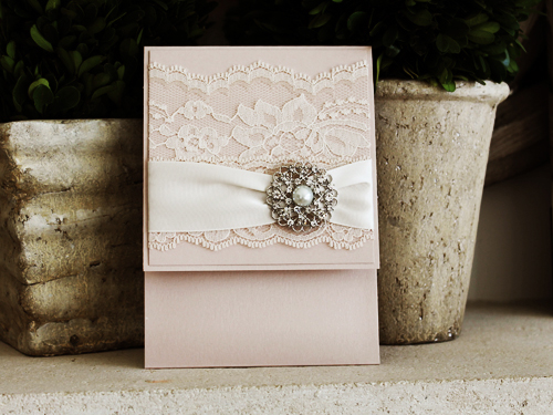 Invitation 1036: Blush Pearl, Blush Pearl, Cream Smooth, Antique Ribbon, Cream Lace, Brooch/Buckle A6