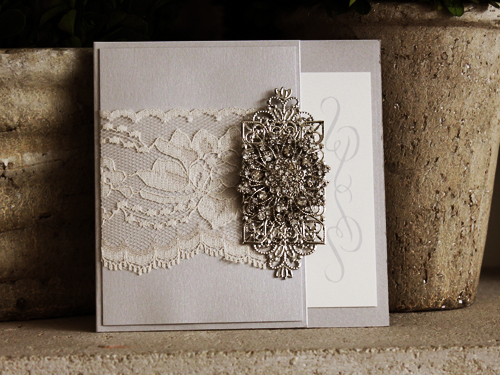 Invitation 1037: Silver Ore, Silver Ore, Cream Smooth, Cream Lace, Brooch/Buckle A11, Metal Filigree F4 - Silver