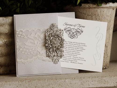Invitation 1037: Silver Ore, Silver Ore, Cream Smooth, Cream Lace, Brooch/Buckle A11, Metal Filigree F4 - Silver