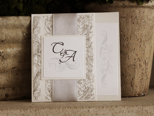 Invitation 1051: Antique Pearl, Antique Pearl, White Smooth, Silver Ribbon