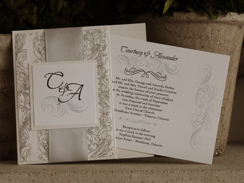 Invitation 1051: Antique Pearl, Antique Pearl, White Smooth, Silver Ribbon