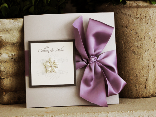 Invitation 1056: Silver Ore, Charcoal Pearl, Cream Smooth, Lavender Ribbon, Brooch/Buckle B