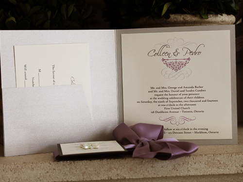 Invitation 1056: Silver Ore, Charcoal Pearl, Cream Smooth, Lavender Ribbon, Brooch/Buckle B
