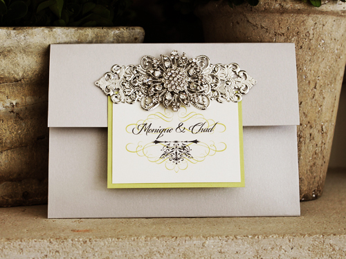 Invitation 1073: Silver Ore, Avocado Linen, Cream Smooth, Brooch/Buckle A11, Metal Filigree F4 - Silver