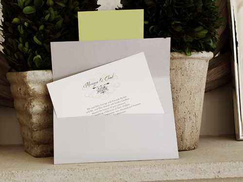 Invitation 1073: Silver Ore, Avocado Linen, Cream Smooth, Brooch/Buckle A11, Metal Filigree F4 - Silver