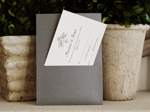 Invitation 1084: Charcoal Pearl, Cream Smooth, Charcoal Ribbon, Cream Lace, Brooch/Buckle A8