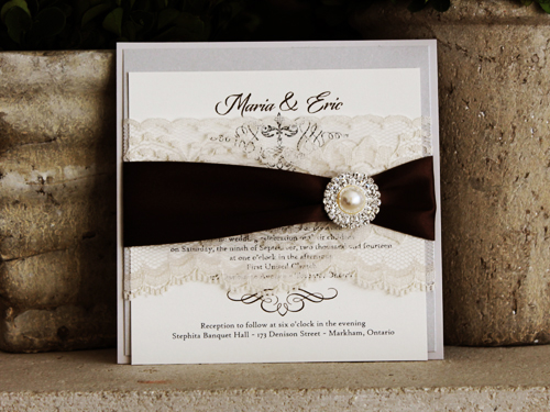 Invitation 1089: Stone, Silver Ore, Cream Smooth, Brown Ribbon, Cream Lace, Brooch/Buckle G