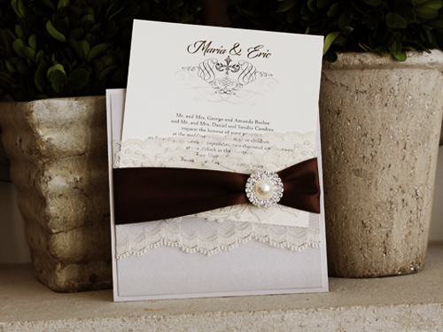 Invitation 1089: Stone, Silver Ore, Cream Smooth, Brown Ribbon, Cream Lace, Brooch/Buckle G