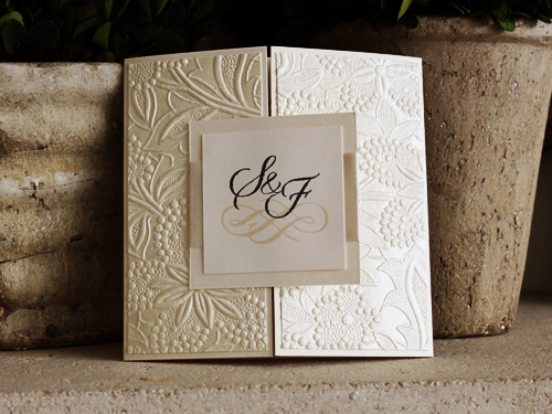 Invitation 1094: White Gold, White Gold, Cream Smooth, Antique Ribbon